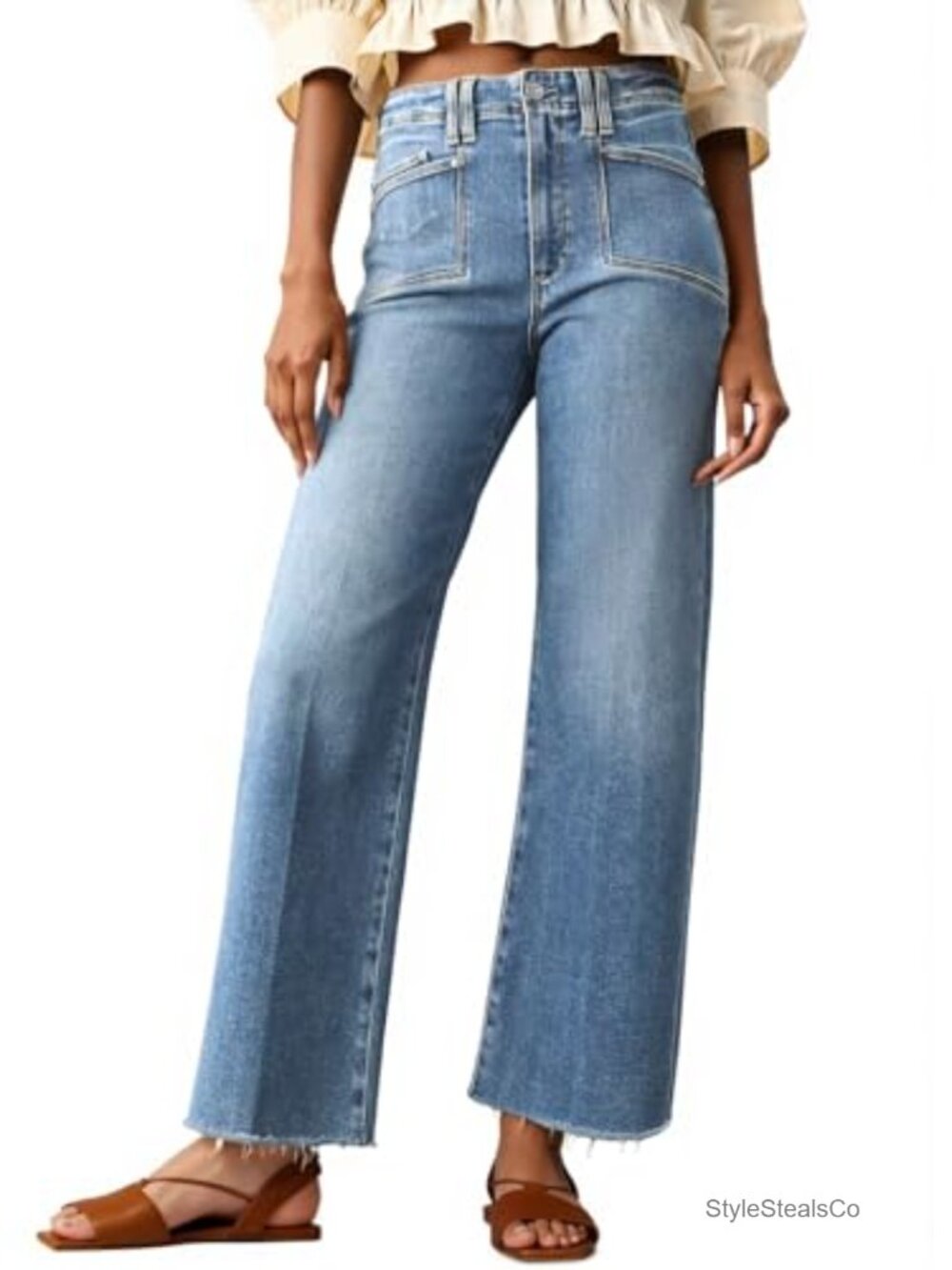 High Waisted Cropped Jeans Straight Leg Raw Hem Denim Pant